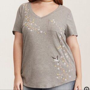 Torrid Grey Embroidered V-Neck Tee, Sz 4X